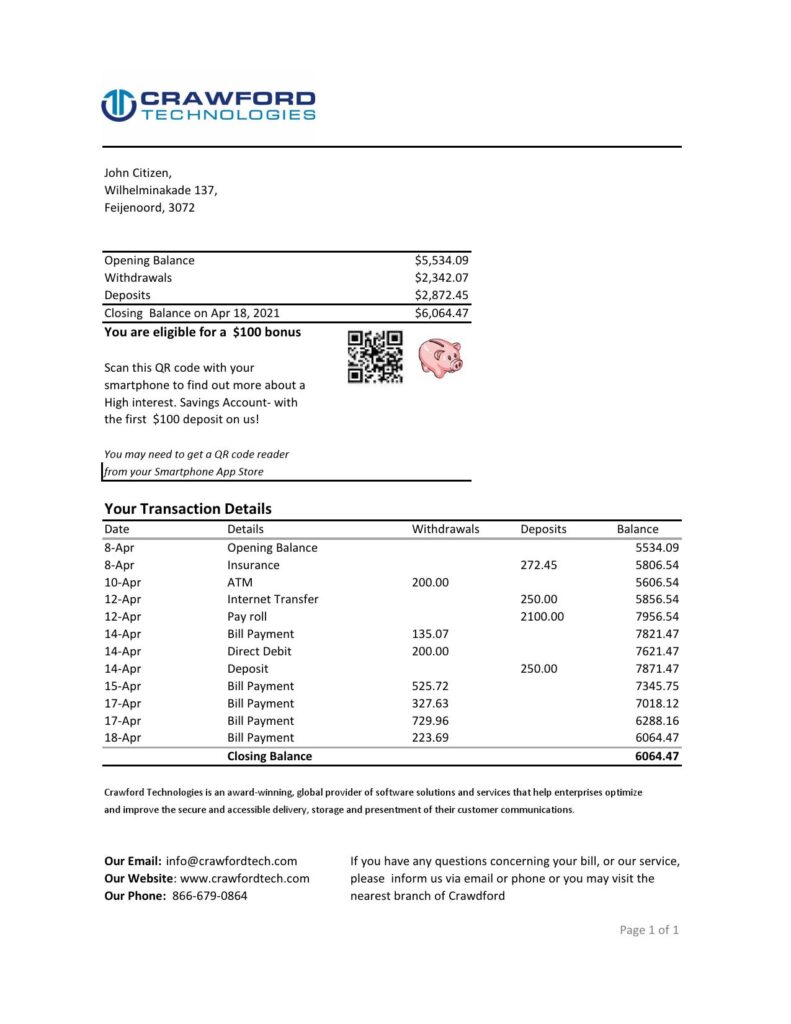 Netherlands (Holland) Crawford Technologies Bank statement easy to fill template in Excel and PDF format
