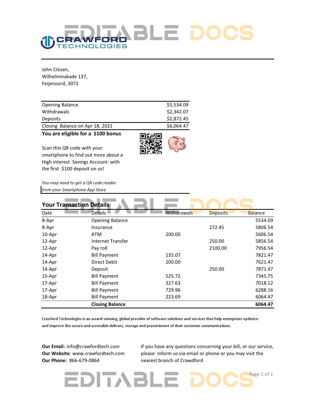 Netherlands (Holland) Crawford Technologies Bank statement easy to fill template in Excel and PDF format
