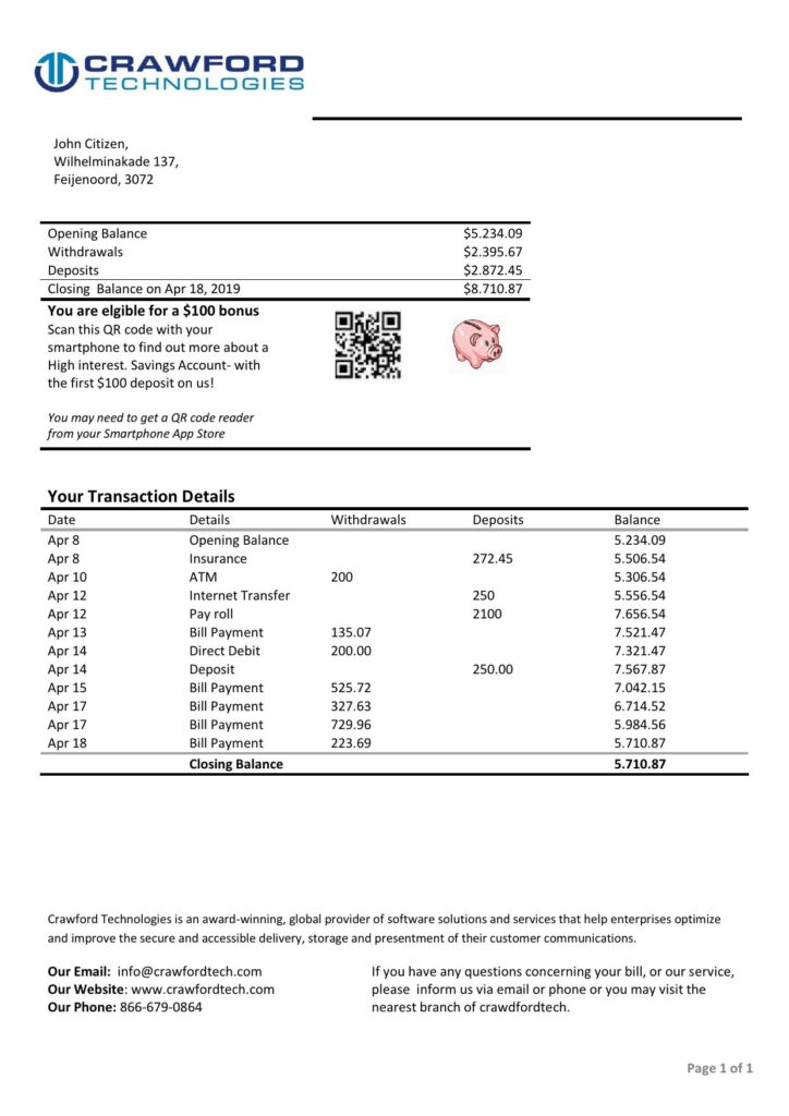 Netherlands (Holland) Crawford Technologies bank statement template in Word and PDF format