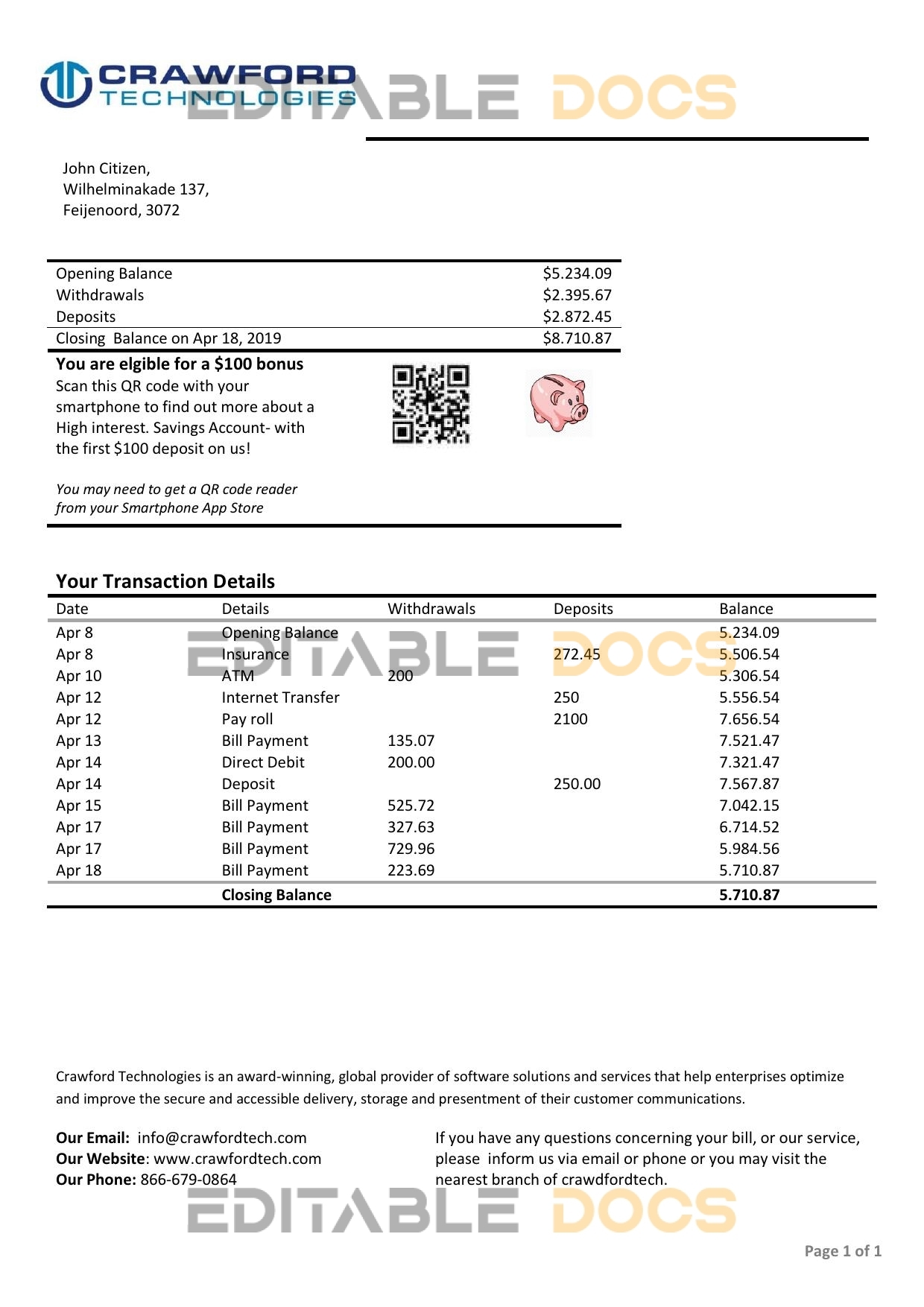 Netherlands (Holland) Crawford Technologies bank statement template in Word and PDF format