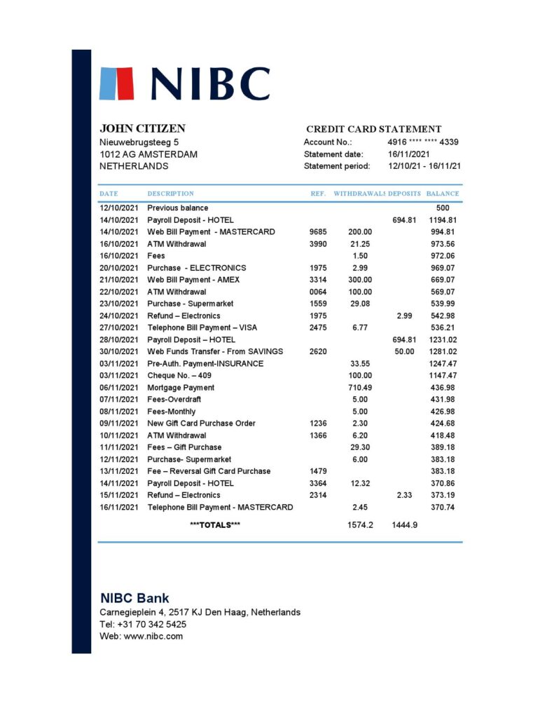 Netherlands NIBC Bank statement easy to fill template in .xls and .pdf file format