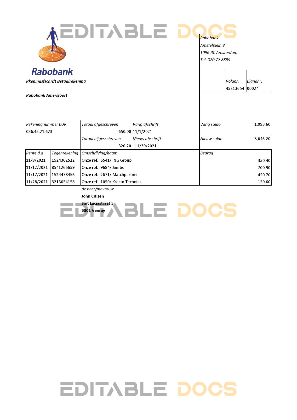 Netherlands Rabobank bank statement easy to fill template in .xls and .pdf file format