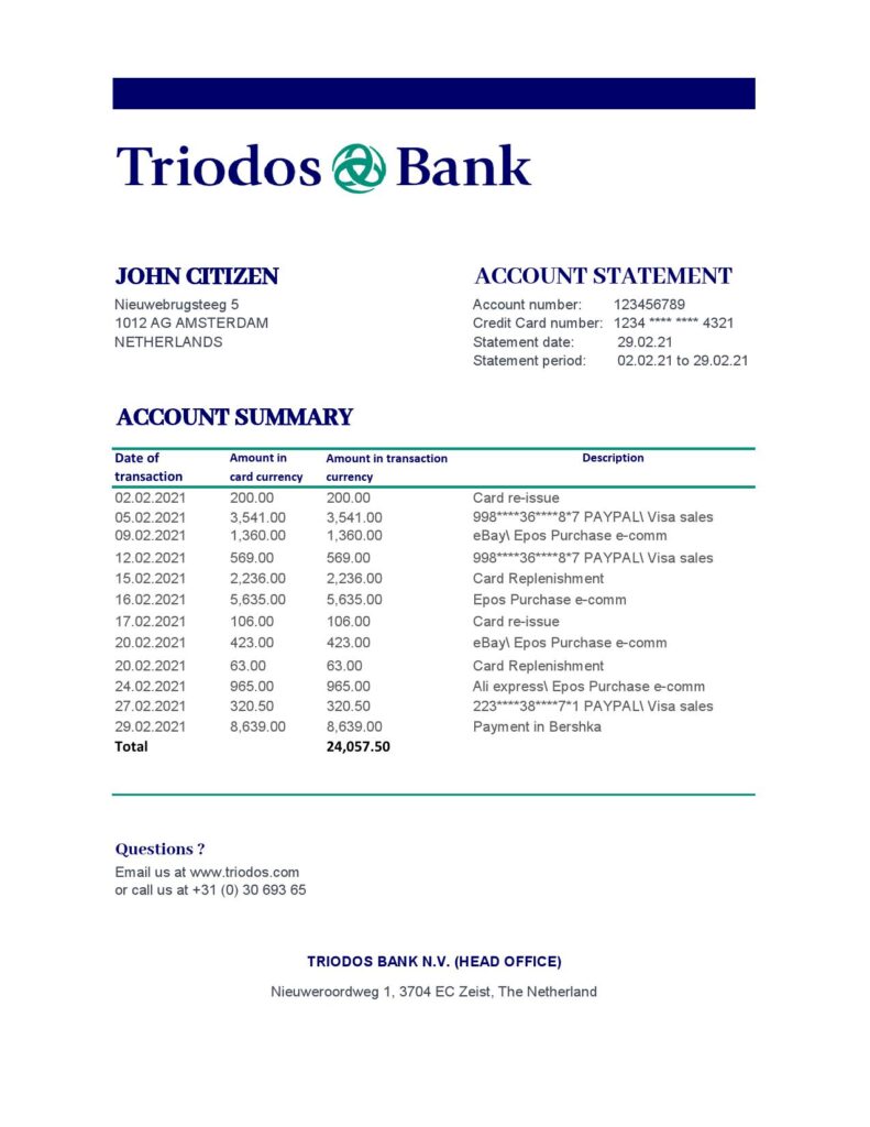 Netherlands Triodos Bank statement easy to fill template in Excel and PDF format