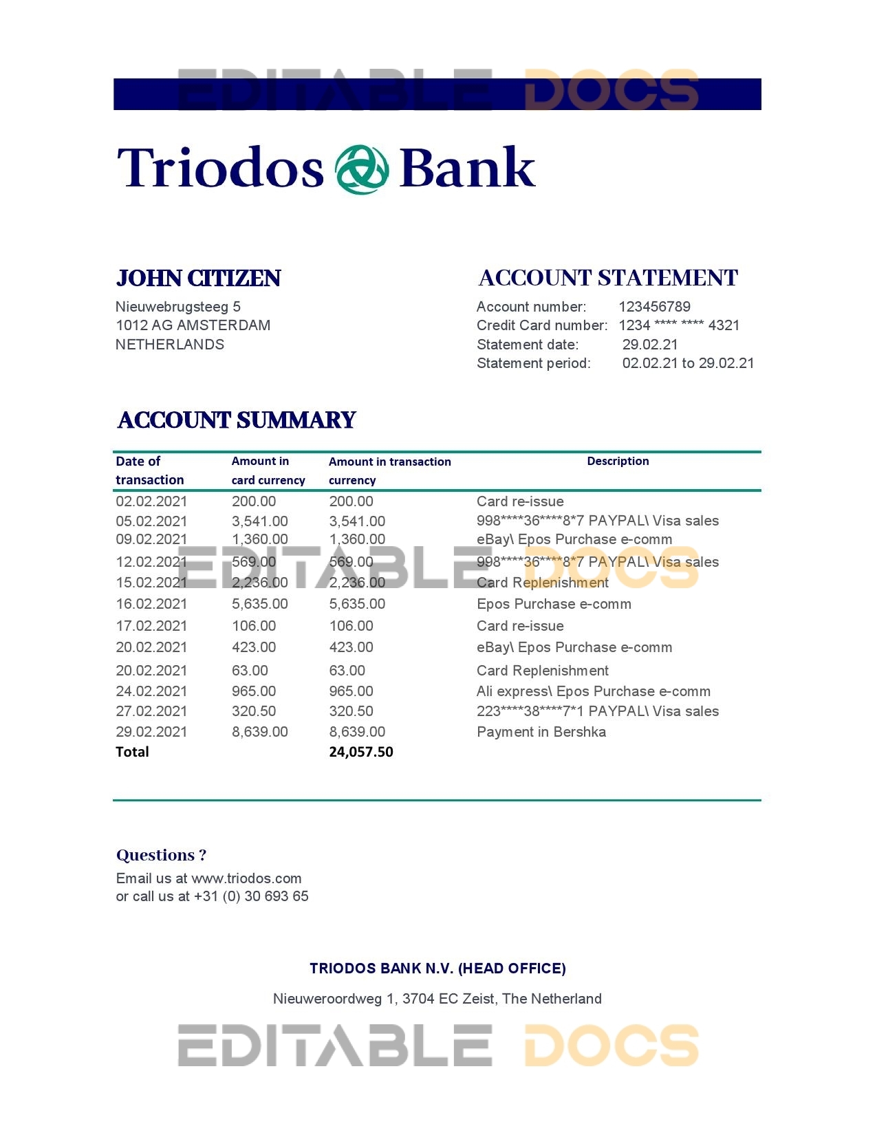Netherlands Triodos Bank statement easy to fill template in Excel and PDF format