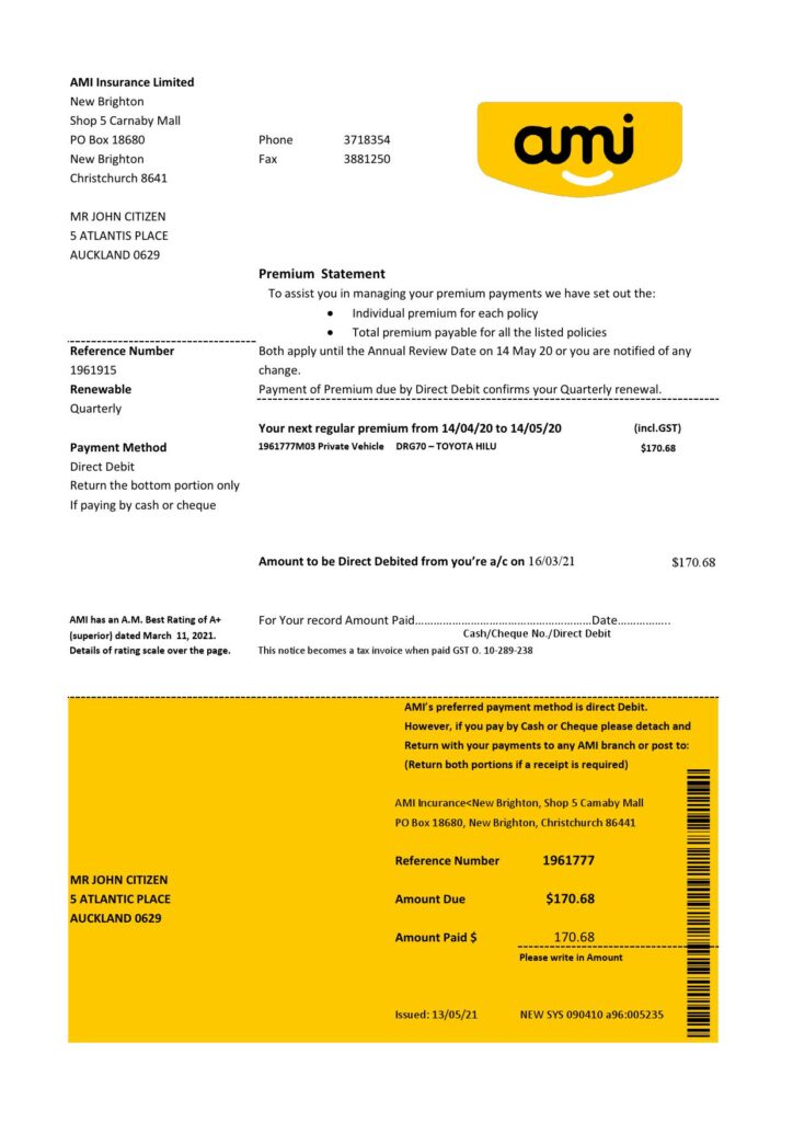 New Zealand Ami Insurance Limited bank statement template in Excel and PDF format