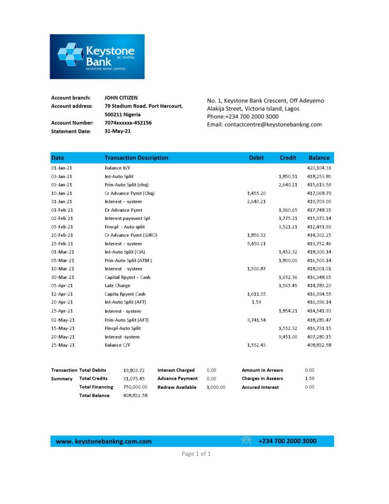Nigeria Keystone Bank statement easy to fill template in .xls and .pdf file format