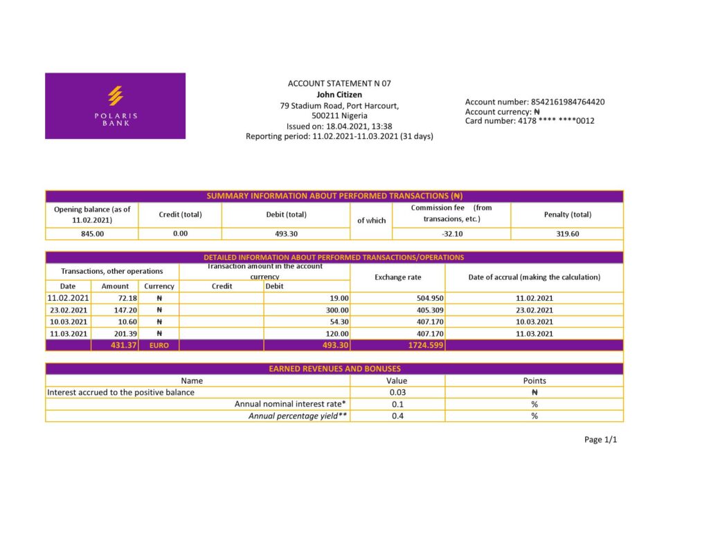 Nigeria Polaris Bank statement easy to fill template in Excel and PDF format