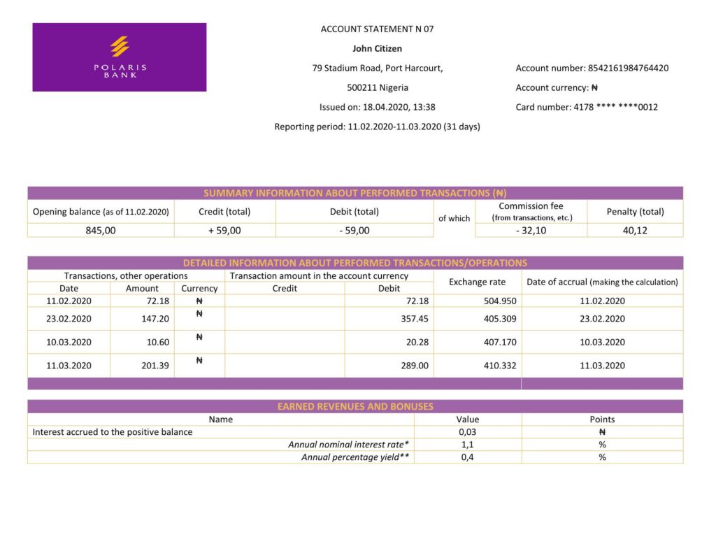 Nigeria Polaris Bank statement template in Word and PDF format