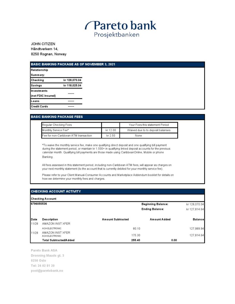 Norway Pareto bank statement easy to fill template in Excel and PDF format