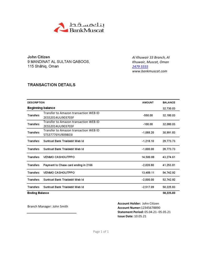 Oman Bank Muscat bank statement easy to fill template in .xls and .pdf file format