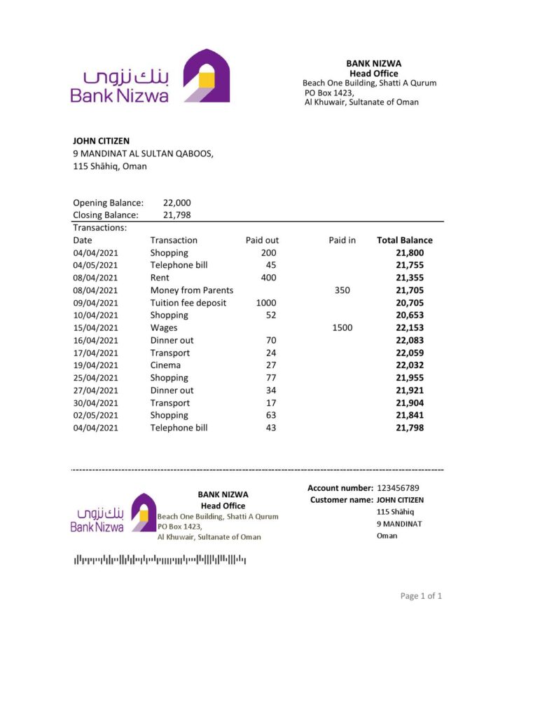 Oman Bank Nizwa bank statement easy to fill template in Excel and PDF format