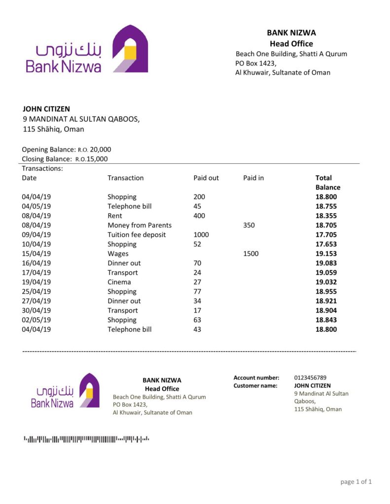 Oman Bank Nizwa proof of address bank statement template in Word and PDF format