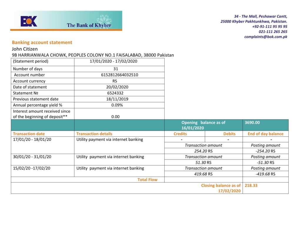 Pakistan The Bank of Khyber bank proof of address statement template in Word and PDF format, .doc and .pdf format