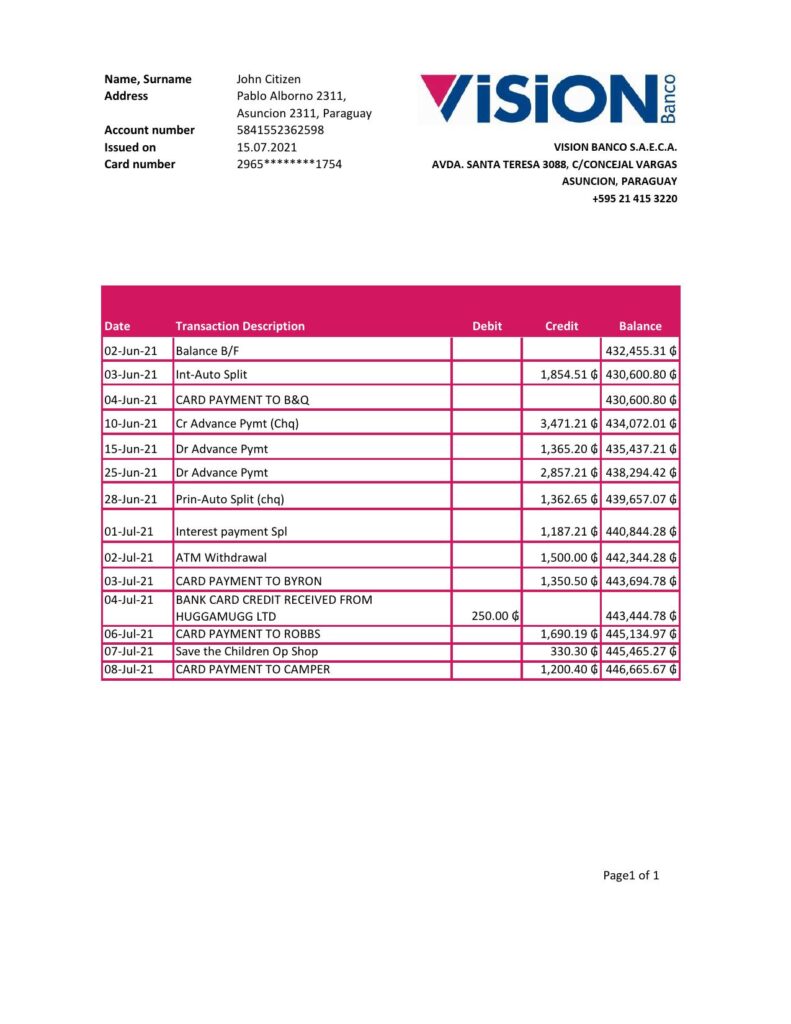 Paraguay Vision Banco bank statement easy to fill template in Excel and PDF format