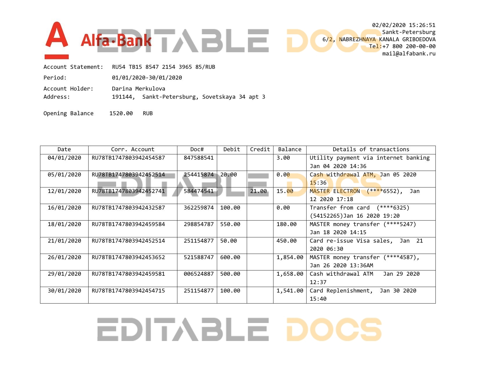 Russia Alfa bank proof of address statement template in Word and PDF format