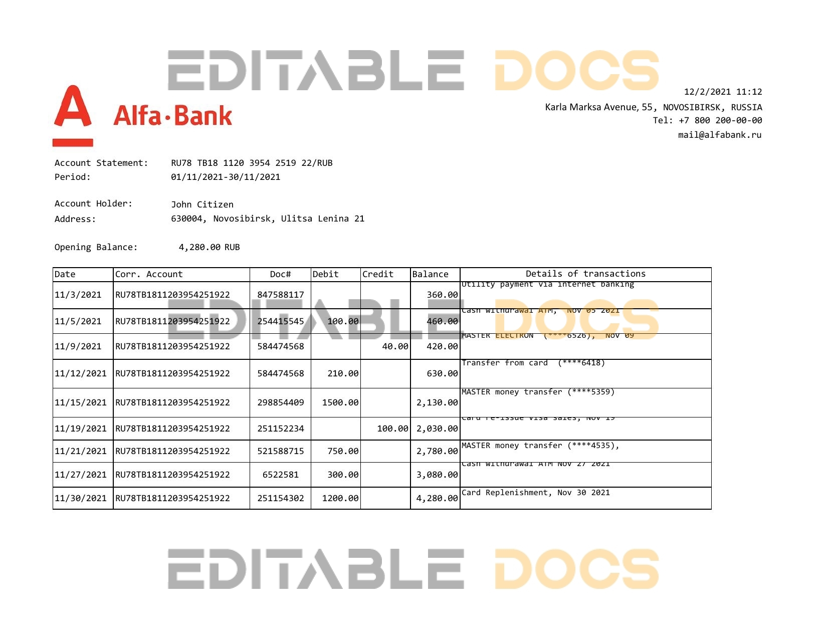Russia Alfa bank statement easy to fill template in .xls and .pdf file format