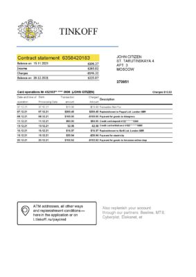 Russia Editable Templates 12 Russia Tinkoff bank proof of address statement (English version) template in Excel and PDF format