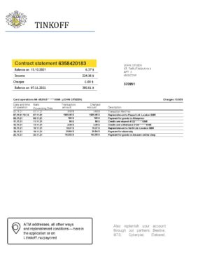 Russia Editable Templates 13 Russia Tinkoff bank proof of address statement (English version) template in Word and PDF format