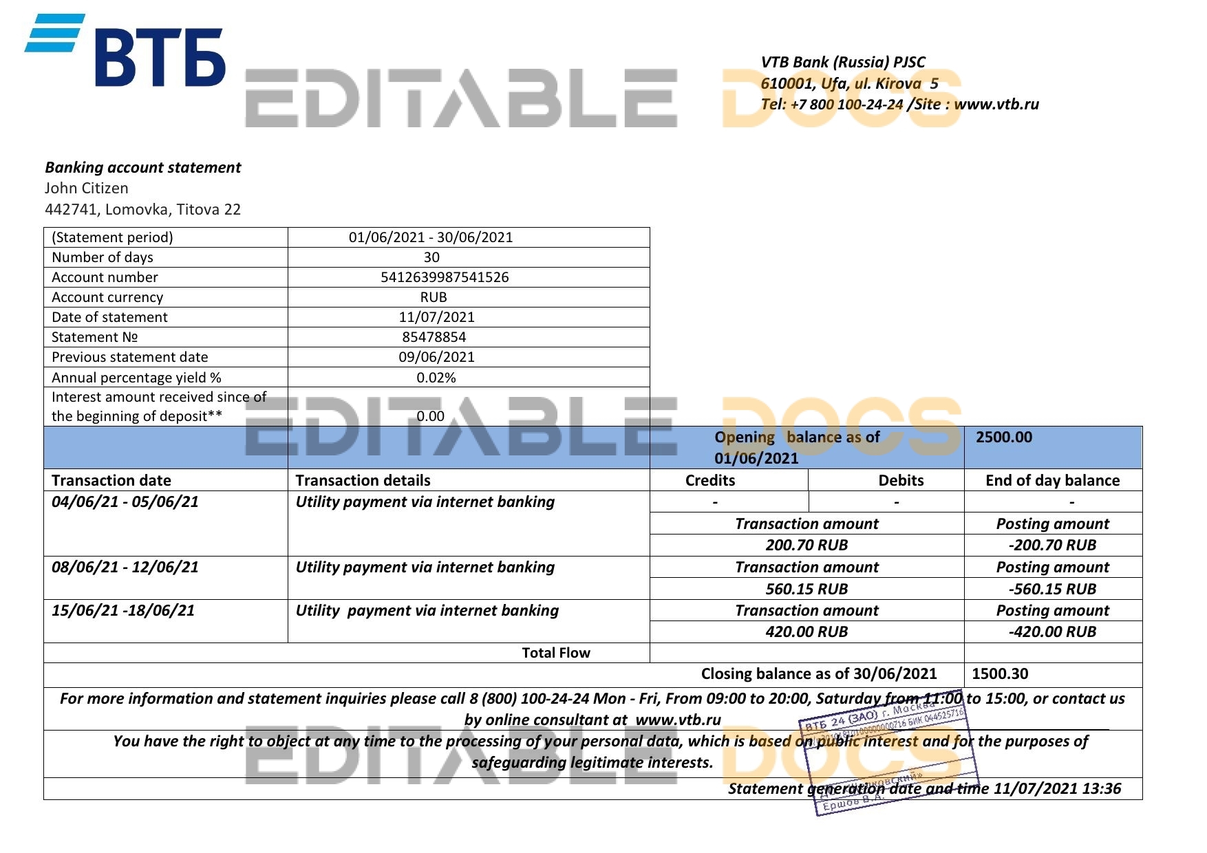 Russia VTB bank proof of address statement template in Word and PDF format