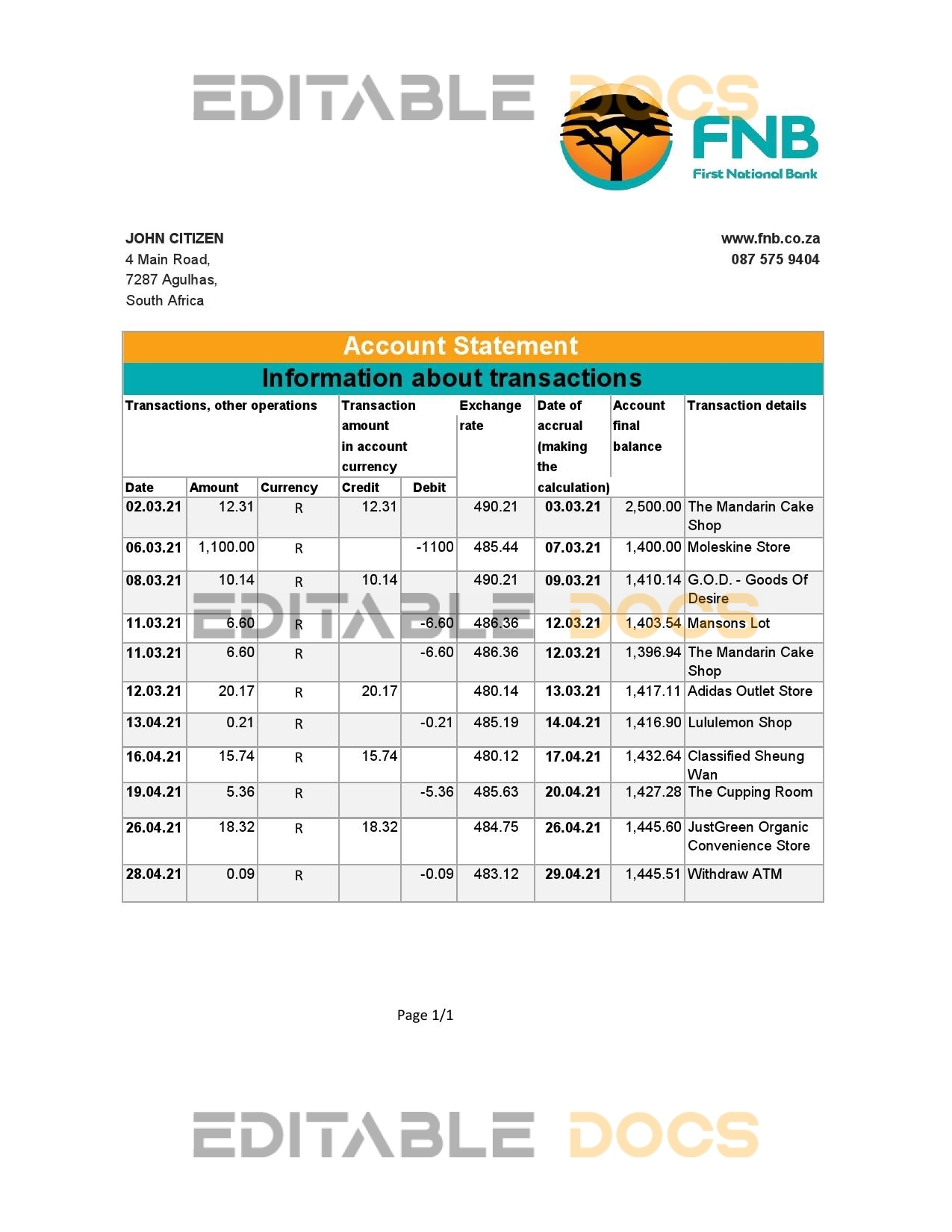 South Africa FNB bank statement easy to fill template in Excel and PDF format