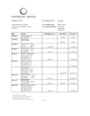 South Africa Imperial Bank statement easy to fill template in .xls and .pdf file format