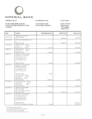 South Africa Imperial Bank statement easy to fill template in Word and PDF format