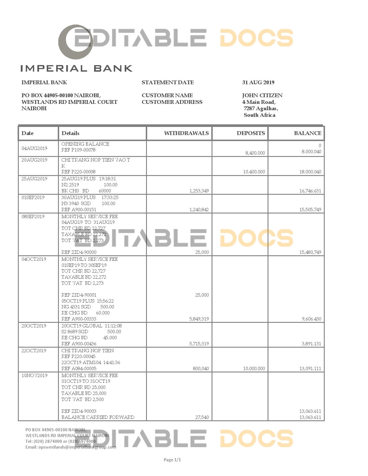 South Africa Imperial Bank statement easy to fill template in Word and PDF format