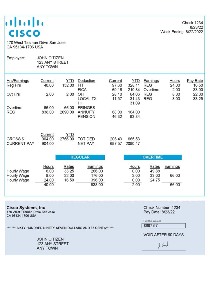 USA Cisco Systems, Inc. hardware company pay stub Word and PDF template