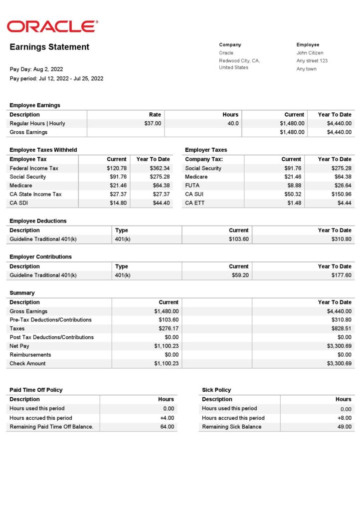 USA Oracle software company pay stub Word and PDF template