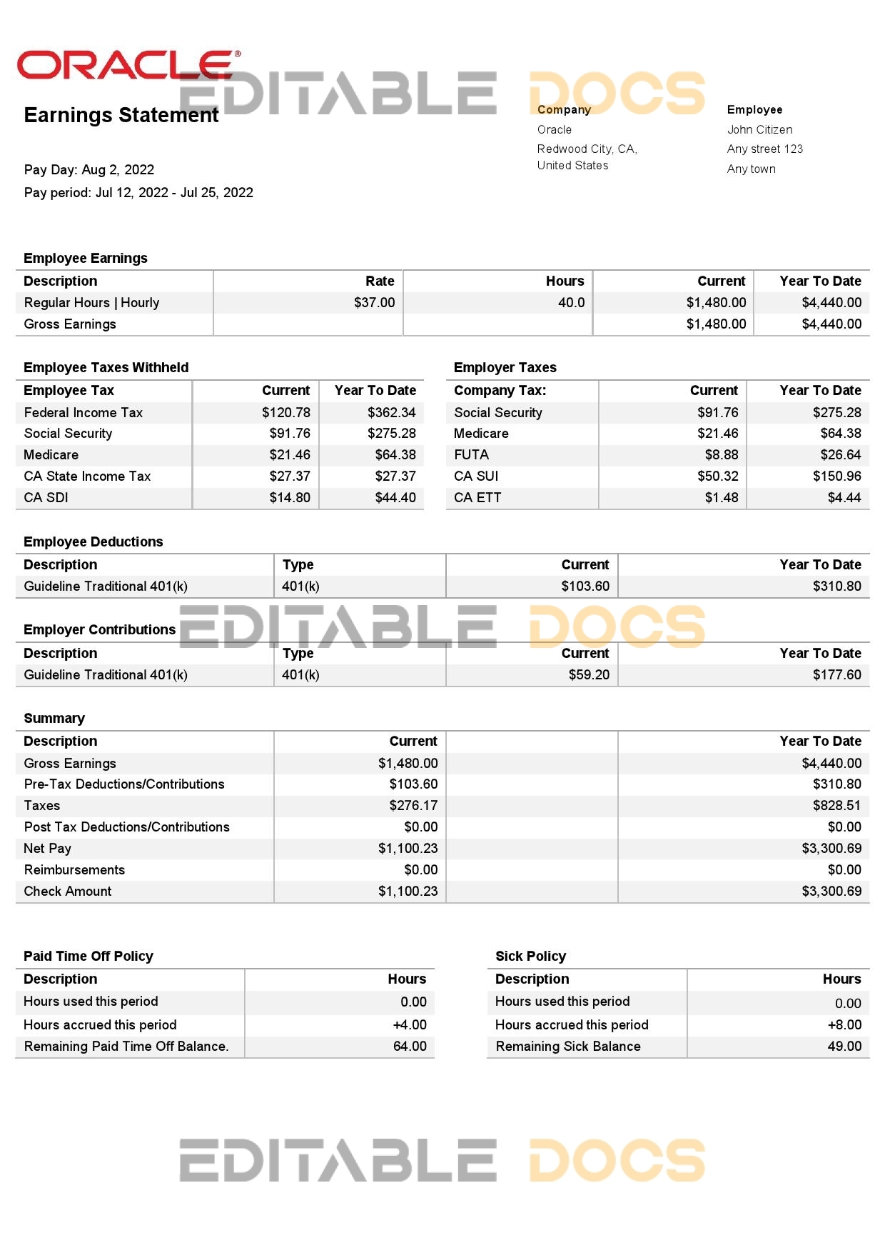 USA Oracle software company pay stub Word and PDF template