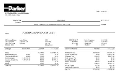 USA Parker Hannifin engineering company pay stub Word and PDF template
