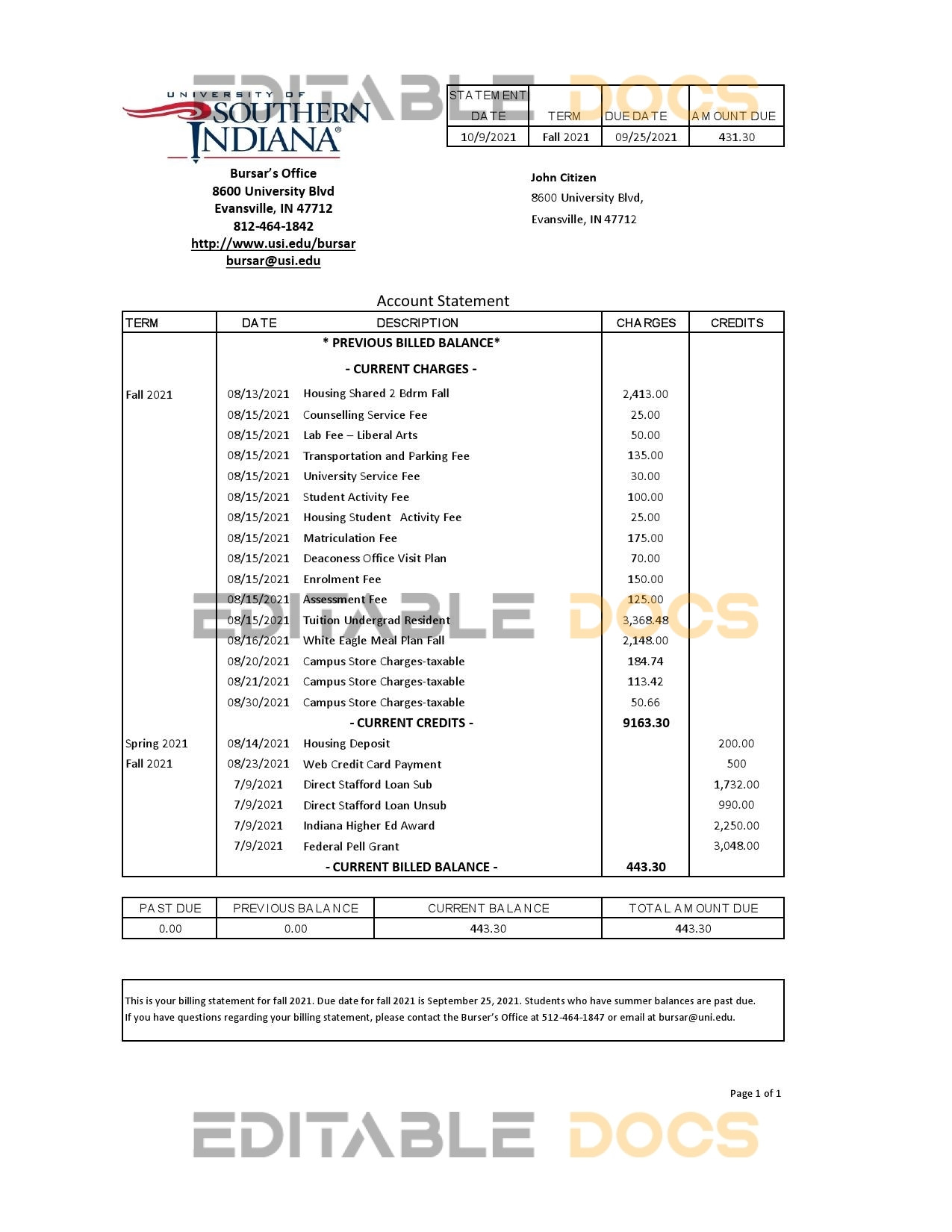 USA University of Southern Indiana account billing statement template in Excel and PDF (.xls and .pdf file) format
