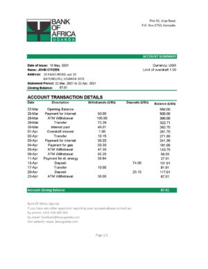 Uganda Bank of Africa bank statement template in .xls and .pdf file format