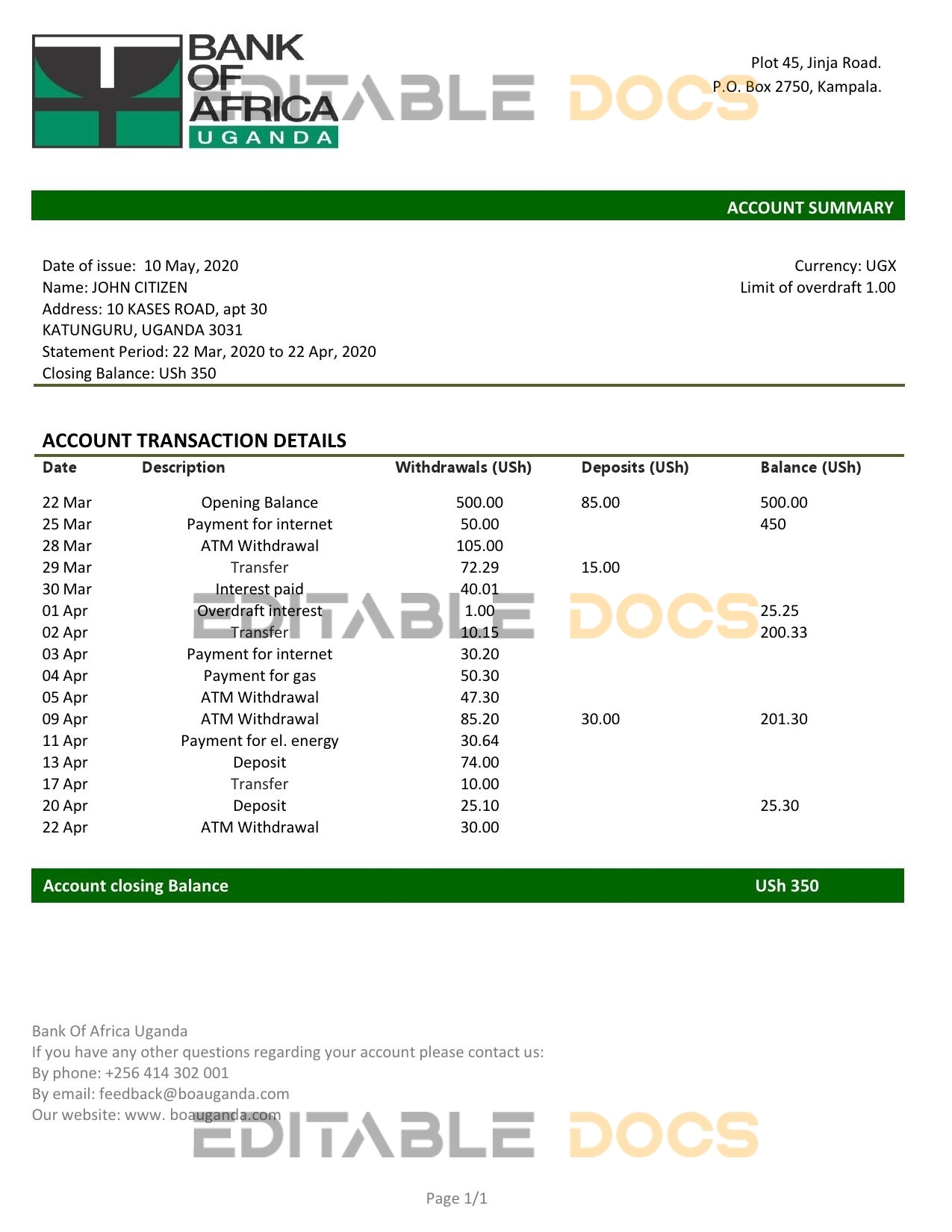 Uganda Bank of Africa proof of address bank statement template in Word and PDF format