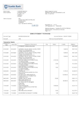 Uganda Stanbic bank statement template in Word and PDF format (3 pages)