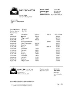 England Editable Templates 1 United Kingdom Bank of Aston bank statement easy to fill template in Excel and PDF format