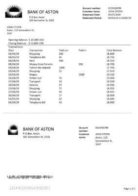 England Editable Templates 2 United Kingdom Bank of Aston bank statement template in Word and PDF format, good for address prove