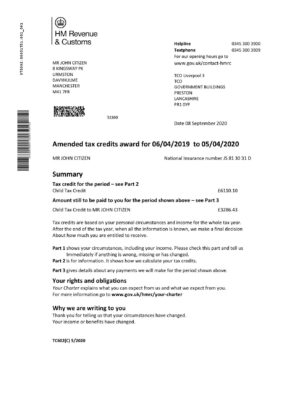 England Editable Templates 5 United Kingdom HM Revenue & Customs tax credits award statement template in Word and PDF format (.doc and .pdf)