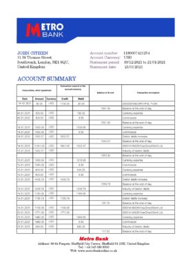 England Editable Templates 15 United Kingdom Metro bank statement template in Excel and PDF format