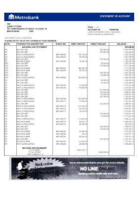 United Kingdom Metrobank bank statement template in Excel and PDF format