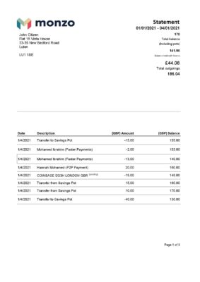 England Editable Templates 6 United Kingdom Monzo bank statement template in Excel and PDF format (3 pages)