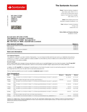 England Editable Templates 11 United Kingdom Santander bank statement template in Word and PDF format (2 pages) 1