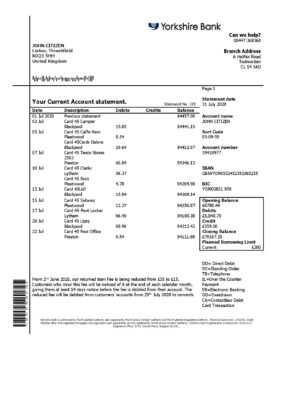 England Editable Templates 14 United Kingdom Yorkshire Bank statement template in Word and PDF format, good for address prove