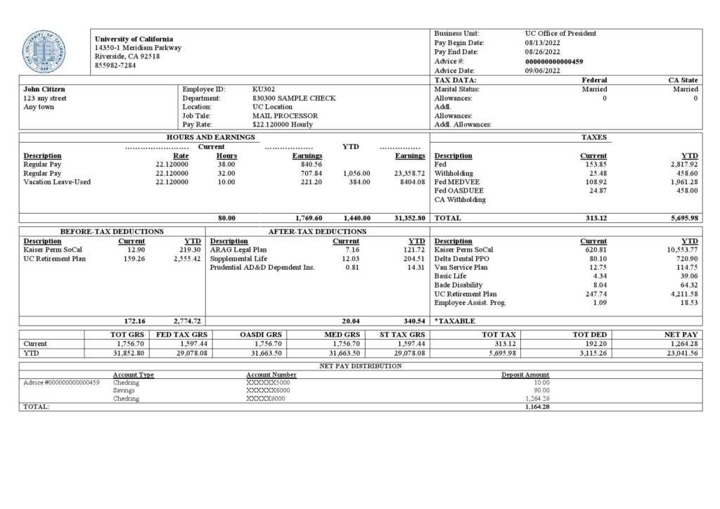 USA University of California educational company pay stub Word and PDF template