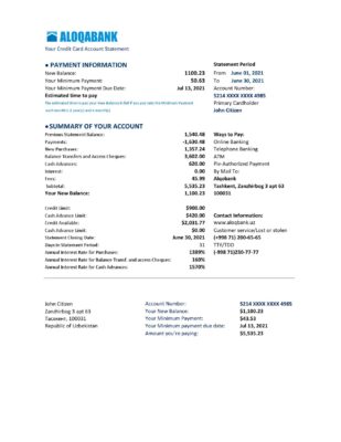Uzbekistan Aloqabank Bank statement easy to fill template in .xls and .pdf file format