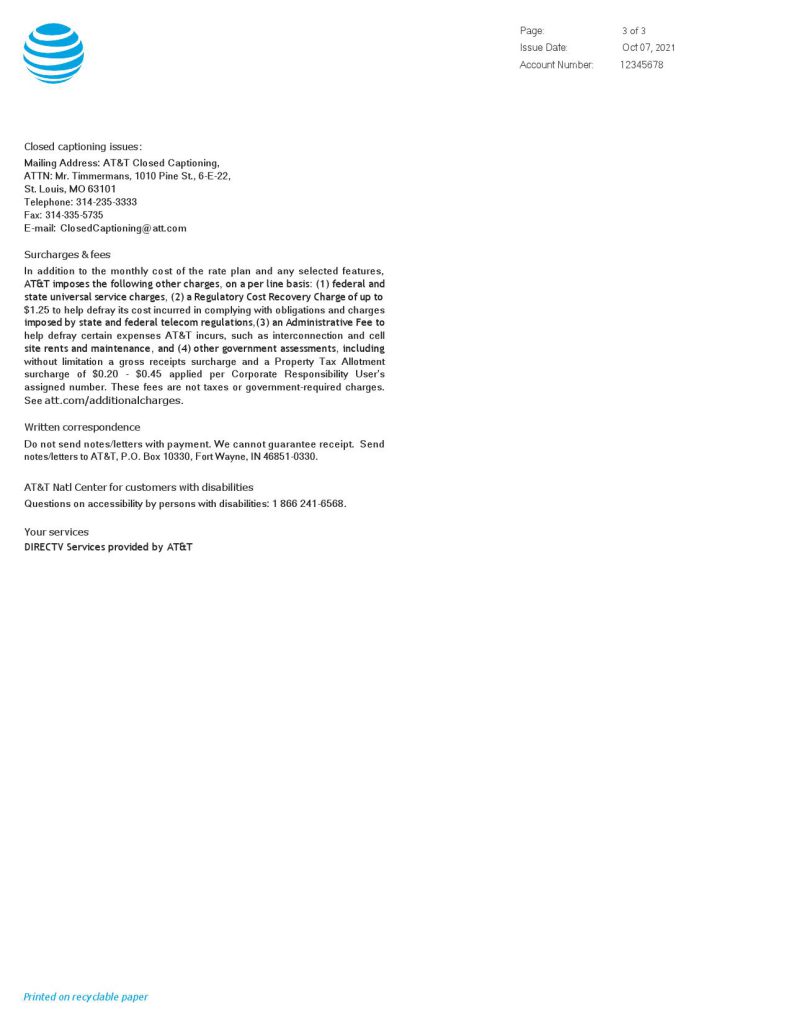 USA AT&T invoice template in Word and PDF format, fully editable, 3 pages3