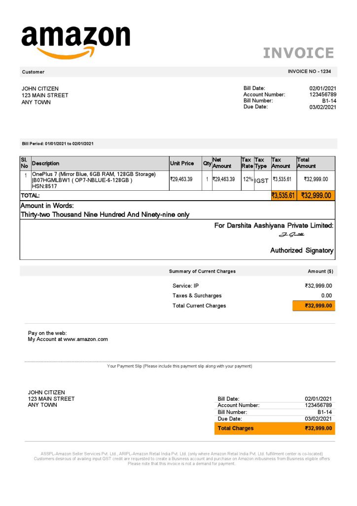 USA Amazon invoice template in Word and PDF format, fully editable