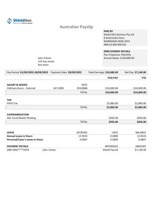 Australia Shield Geo consulting company pay stub Word and PDF template