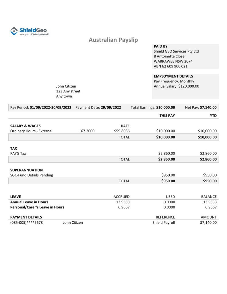 Australia Shield Geo consulting company pay stub Word and PDF template