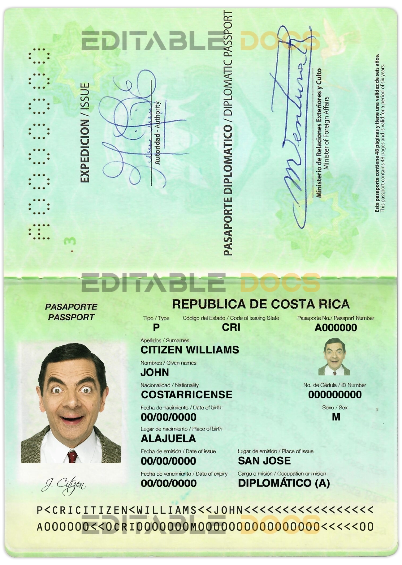 Authentic Costa Rica diplomatic PSD Passport Template